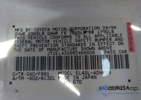 1994 Toyota Tercel Dx z USA, uszkodzony, nr VIN JT2EL43S8R0466606